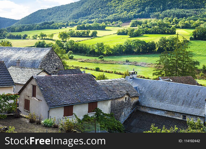 Landscape with medieval city of Auxillac in France. Auxillac is a commune in the Lozere department in the Languedoc-Roussillon region in southeastern France.