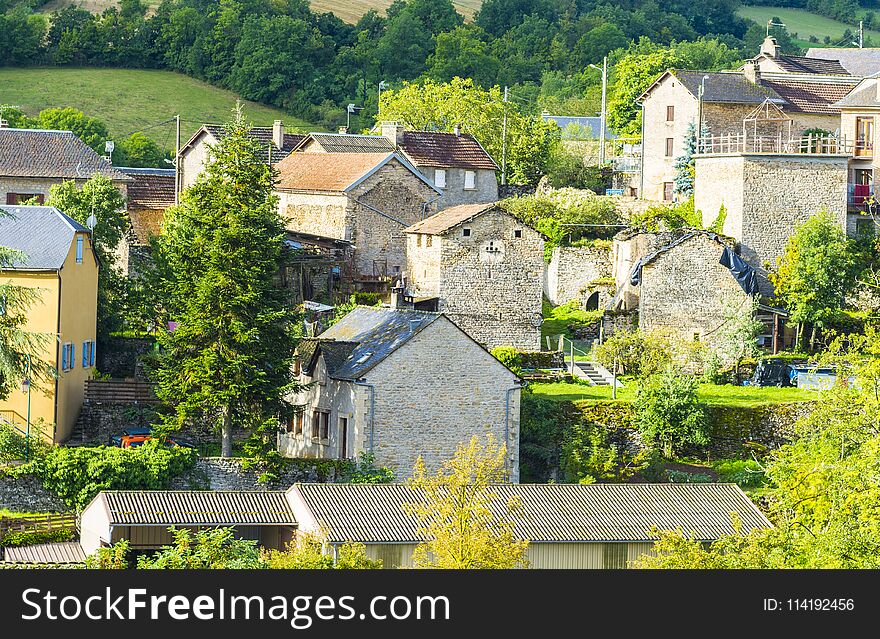 Landscape with medieval city of Auxillac in France. Auxillac is a commune in the Lozere department in the Languedoc-Roussillon region in southeastern France.