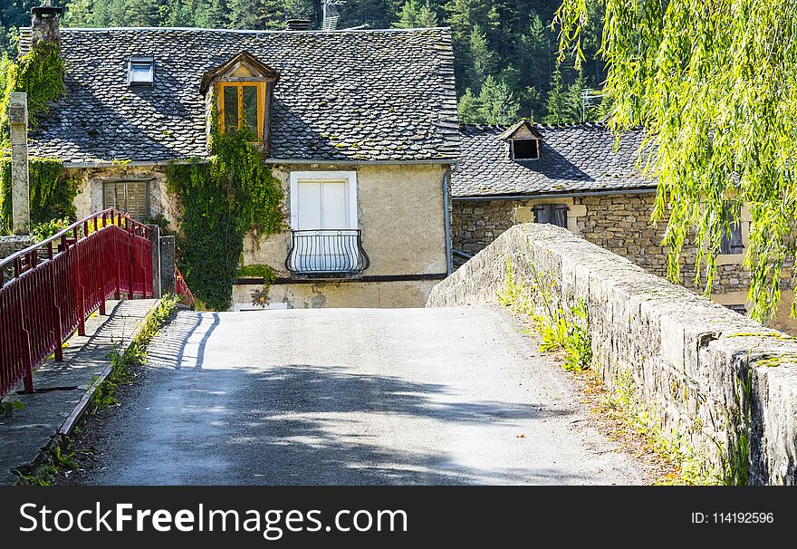 Medieval city of Les Salelles without people and cars in France. Les Salelles is a commune in the Lozere department in the region Occitanie in southern France.