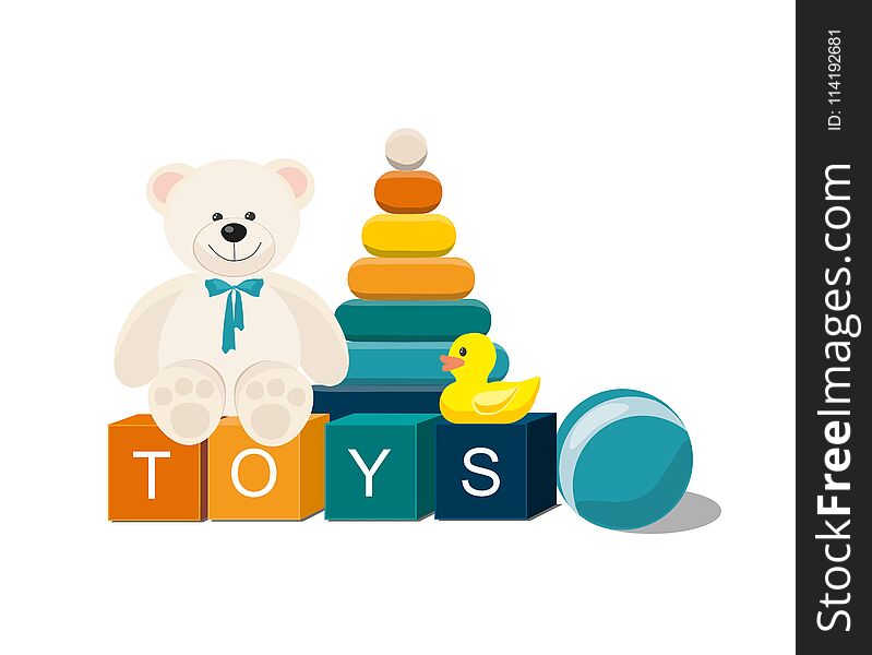 Kids toys. Bear and clorful toys isolated on white background Vector flat Illustration