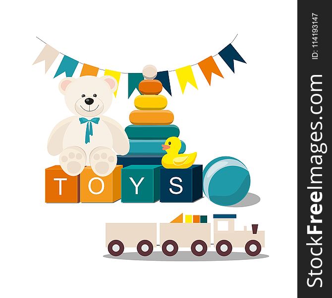 Clorful Kids toys. Teddy Bear, wooden toy train, pyramid and other Vector Illusrtation