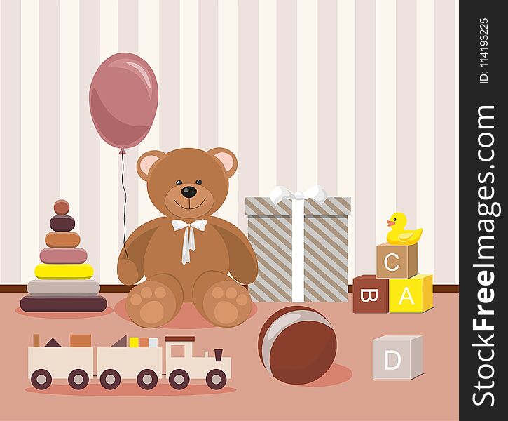 Clorful Kids toys. Teddy Bear, wooden toy train, pyramid and other Vector Illusrtation