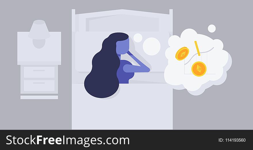 Woman Sleeps On Bed. Etherium Currency In Her Dream . Vector Illustration.