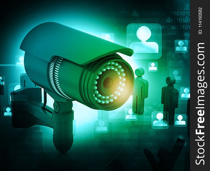 3d render of Surveillance camera with people.