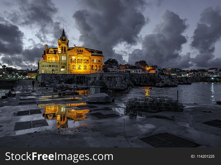 Cascais With Navy Building At Dusk