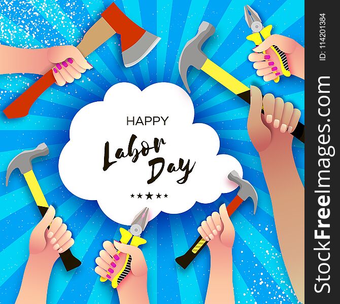 Happy Labor Day Greetings Card For National, International Holiday. Hands Workers Holding Tools In Paper Cut Styl On Sky