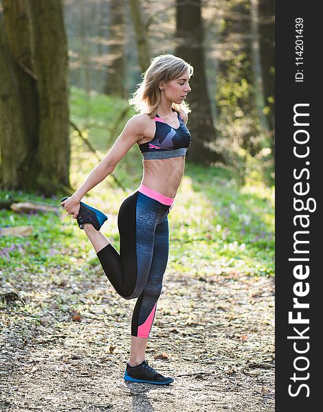 Fitness woman, Young beautiful sportive girl preparing to run