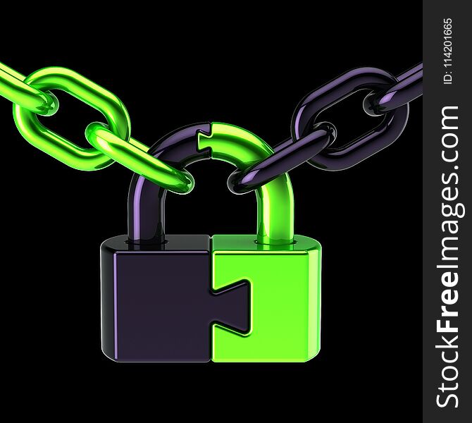 Lock closed puzzle padlock with chain isolated on black
