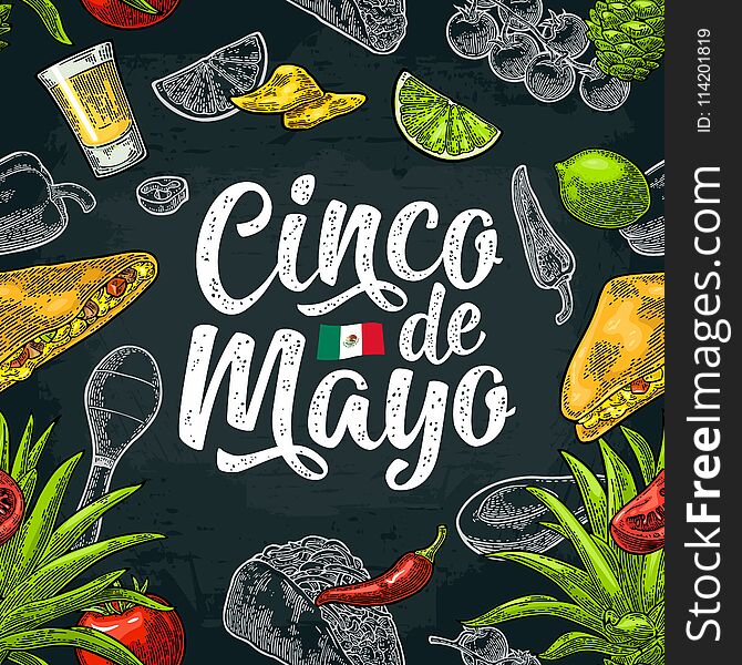 Seamless pattern mexican food and Cinco de Mayo handwriting lettering. Glass tequila, tacos nachos, and vegetables. Vector color vintage engraving illustration for menu. Isolated on dark background