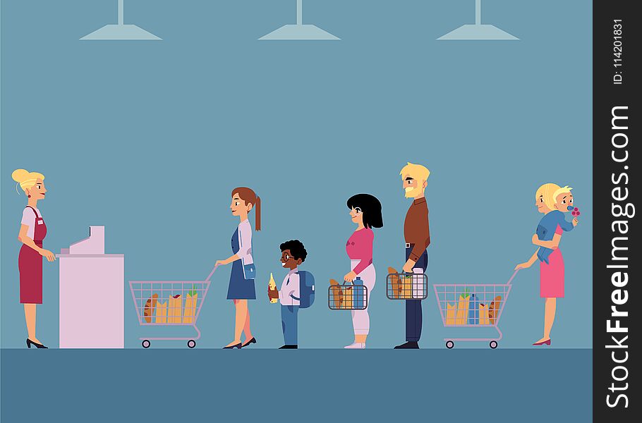 Customers in big queue at cash desk with female cashier at groceries store. Vector cartoon illustration of different male and female characters with shopping baskets in line at supermarket.