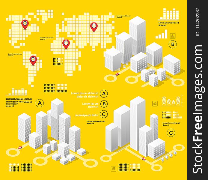 Yellow illustration infographics of urban infrastructure in the field of industrial construction and heavy industry. Template for presentation and design