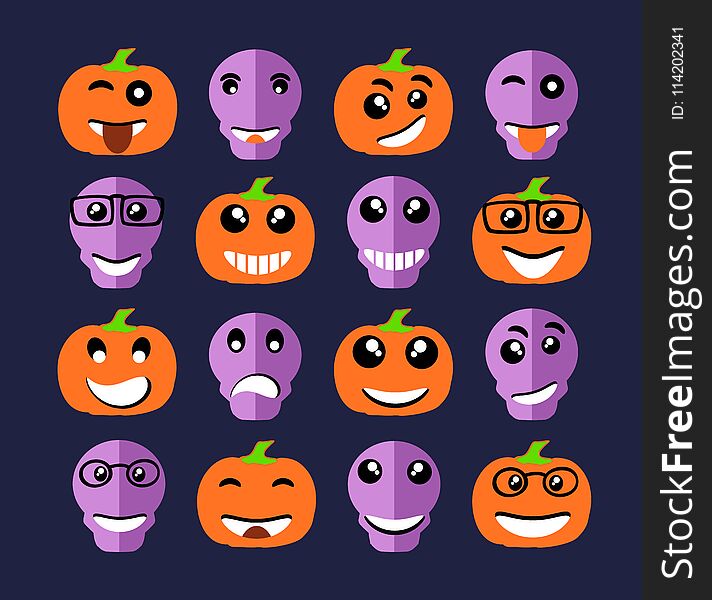 Emoji emoticon expression icons in style halloween skull pumpkin face symbols graphics
