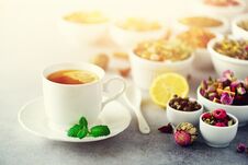 Tea Concept With Copy Space. Different Kinds Of Dry Tea In White Ceramic Bowls And Cup Of Aromatic Tea On Grey Stock Images