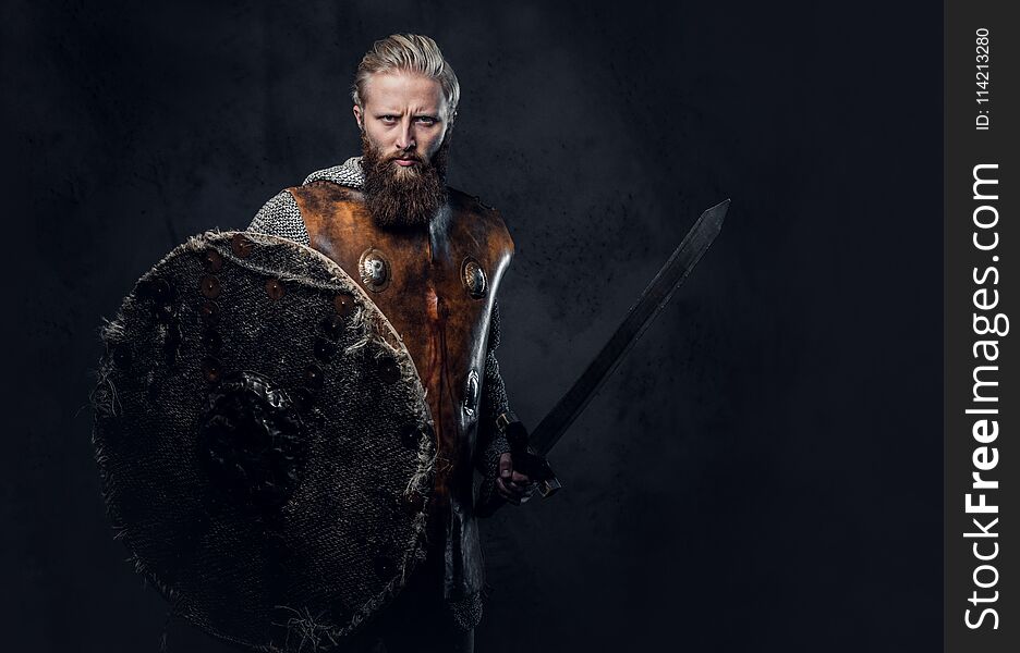 Artistic portrait of Scandinavian Viking dressed in Nordic armor holds a shield and silver sword over dark grey background. Artistic portrait of Scandinavian Viking dressed in Nordic armor holds a shield and silver sword over dark grey background.