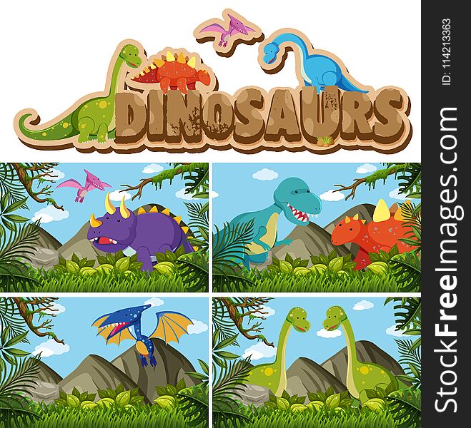 Different types of dinosaurs in jungle illustration