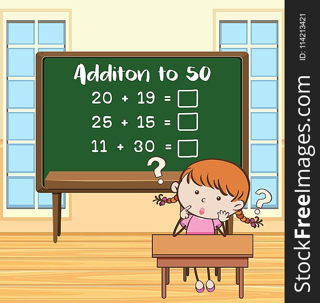 Addition to fifty on board in classroom illustration