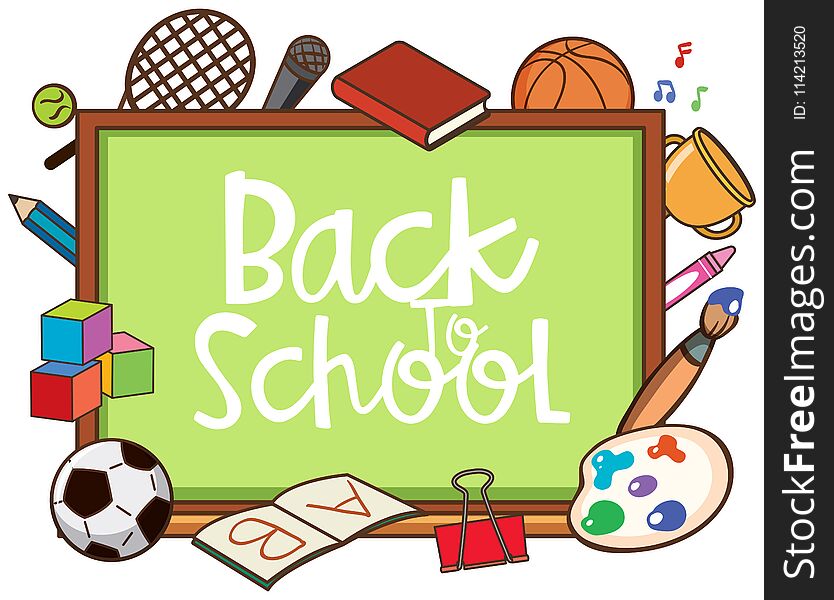 Back to school theme with school items around board illustration