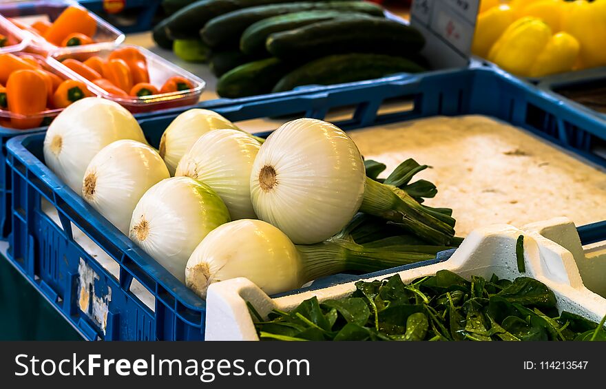 Spring Onions also known as Salad Onions, Scallions or Green Onions on the market. Salzburg. Austria