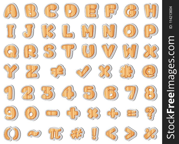 Font design for english letters and numbers in wooden texture illustration