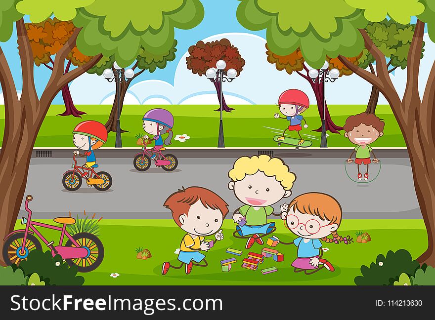 Many children playing in the park illustration