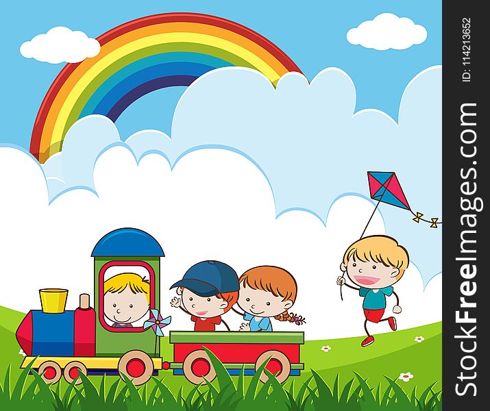 Kids riding train in the park illustration