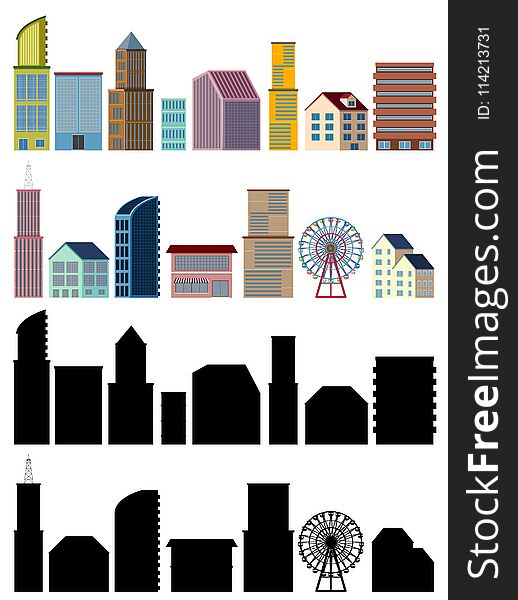 Different designs of buildings on white background illustration