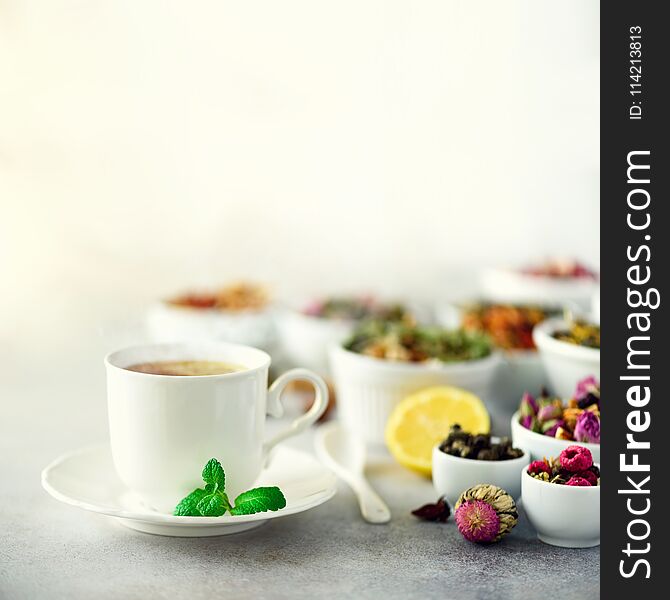 Tea Concept With Copy Space. Different Kinds Of Dry Tea In White Ceramic Bowls And Cup Of Aromatic Tea On Grey