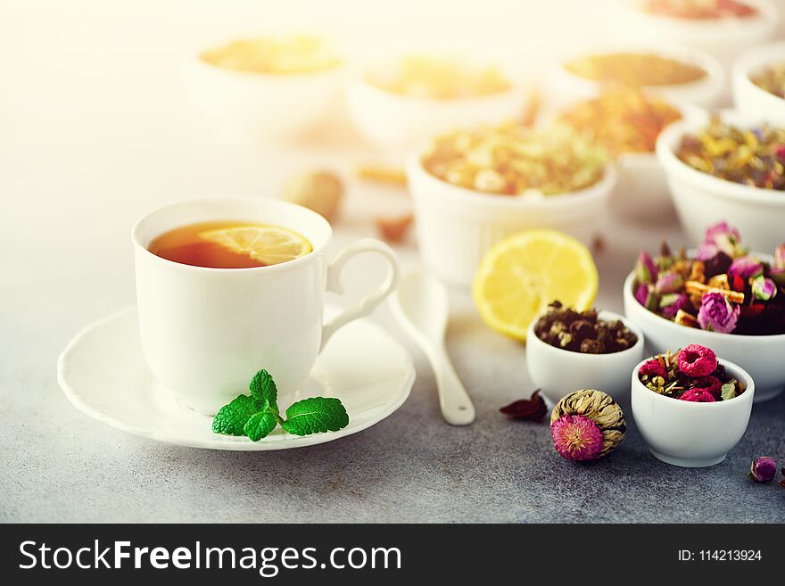 Tea concept with copy space. Different kinds of dry tea in white ceramic bowls and cup of aromatic tea on grey background