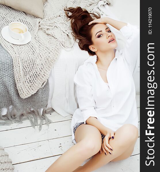 Young Pretty Brunette Woman In Her Bedroom Sitting At Window, Happy Smiling Lifestyle People Concept