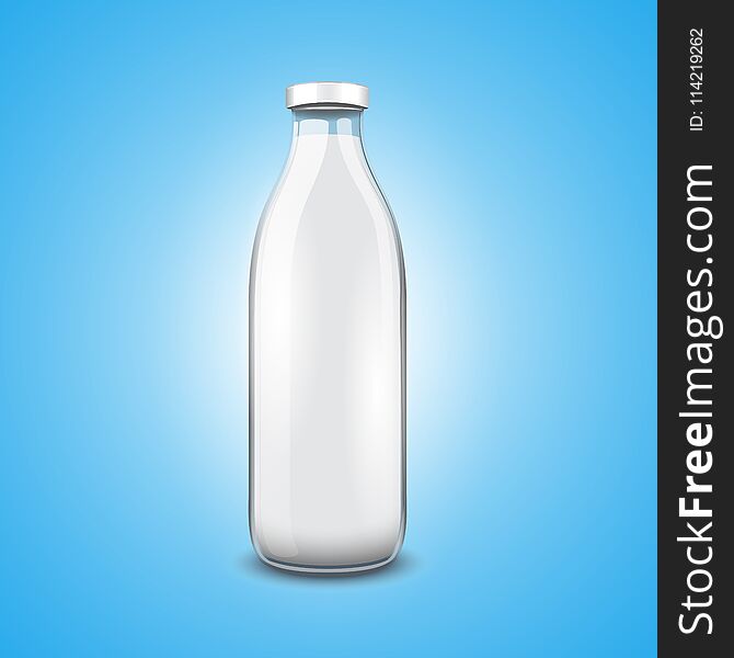 Transparent glass bottle of milk on blue background. Vector illustration.