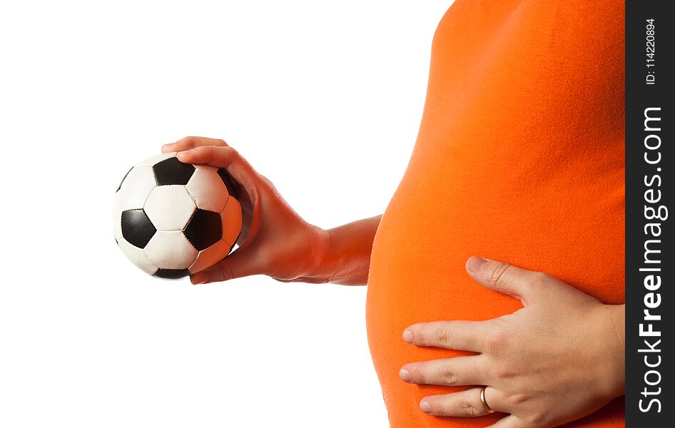 Pregnant woman with ball on white background