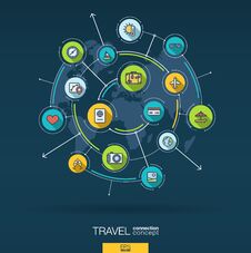 Abstract Travel And Tourism Background. Digital Connect System With Integrated Circles, Color Flat Icons. Vector Stock Photo