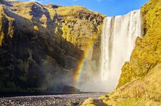Rainbow At Skogafoss Waterfall Iceland Stock Photo