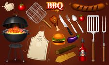 Barbecue Grill Elements Set Isolated On Red Background. BBQ Party. Summer Time. Meat Restaurant At Home. Charcoal Kettle Royalty Free Stock Photos