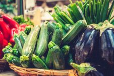 Close Up Of Fresh Organic Vegetables In Local Farmer Market. Pure, Organic And Vitamin Vegetables For Spring Detox. Stock Photo