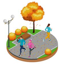 Isometric Young Woman And Man Runners Running On A City Park. Sportive People Training In An Urban Area, Healthy Royalty Free Stock Photo Isometric Young Woman And Man Runners Running On A City Park. Sportive People Training In An Urban Area, Healthy Royalty Free Stock Photo