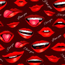 Beauty Modern Realistic Seamless Pattern With Different Lips Isolated On Dark Stock Images