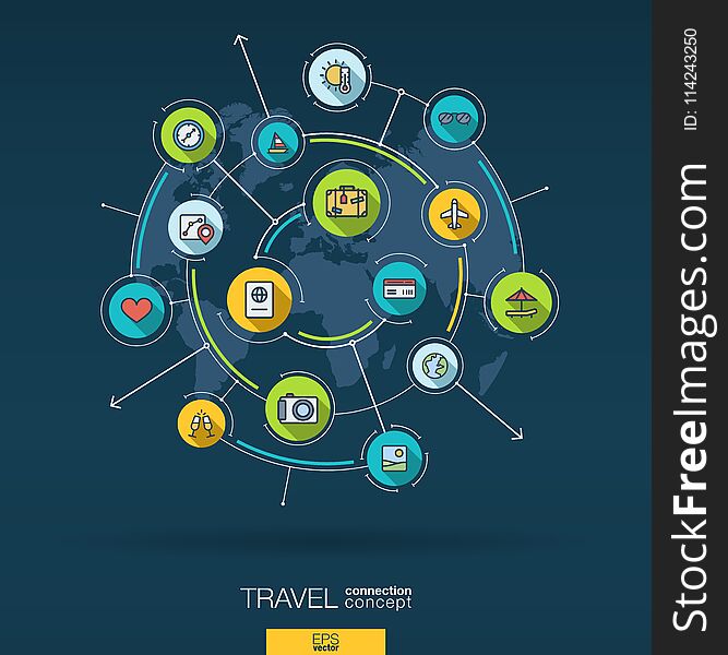 Abstract travel and tourism background. Digital connect system with integrated circles, color flat icons. Vector