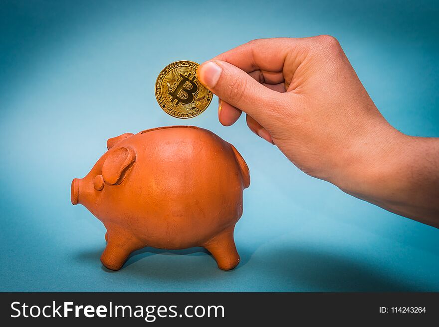 Hand introducing bitcoin coin in old piggy bank on blue background. Hand introducing bitcoin coin in old piggy bank on blue background.