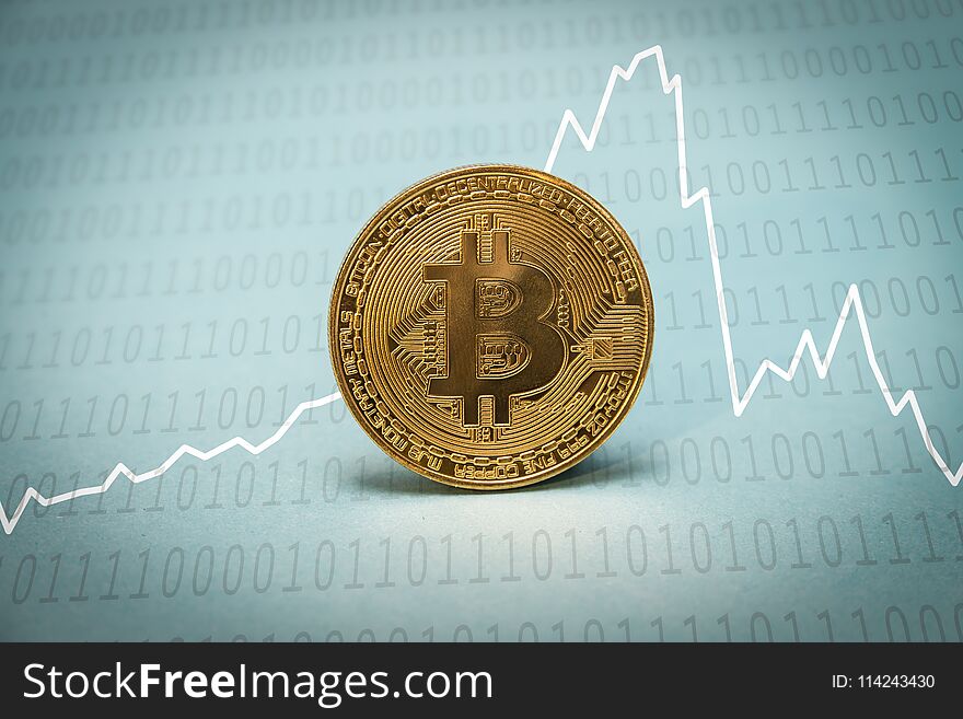 Bitcoins conceptual image with golden coin and binary code background and diagram chart. Bitcoins conceptual image with golden coin and binary code background and diagram chart.