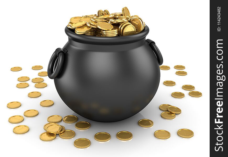 Pot of Gold Coin , This is a 3d rendered computer generated image. Isolated on white.