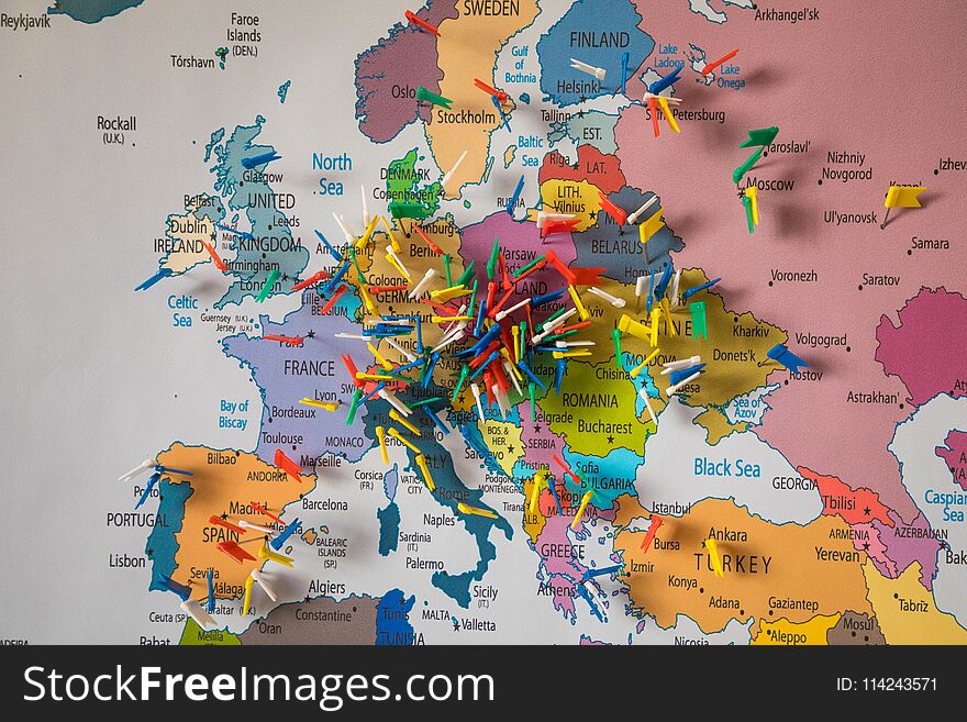 Colored flags on the map of Europe