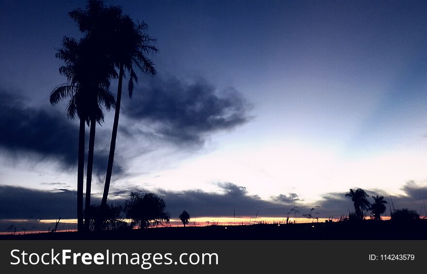 Beautiful Blue Sky Silvery With Clouds, Is Coming To Cover The Night