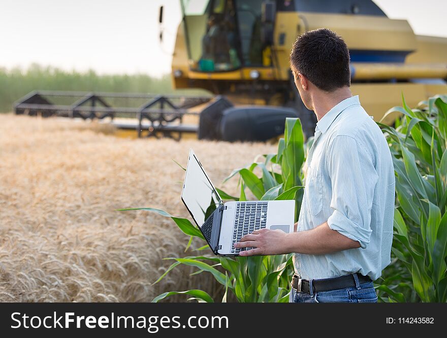 Young farmer engineer with laptop standing on wheat and corn field while combine harvester working in background. Young farmer engineer with laptop standing on wheat and corn field while combine harvester working in background