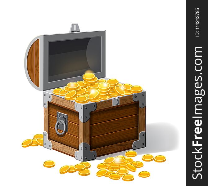 Piratic trunk chests with gold coins treasures. . Vector illustration. Catyoon style, isolated