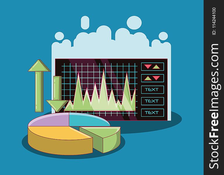 Stock market and pie chart over blue background, colorful design. cryptocurrency concept. vector illustration. Stock market and pie chart over blue background, colorful design. cryptocurrency concept. vector illustration