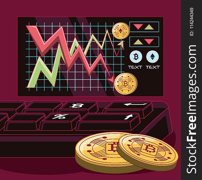 Stock market with cryptocoins and keyboard over red background, colorful design. vector illustration. Stock market with cryptocoins and keyboard over red background, colorful design. vector illustration