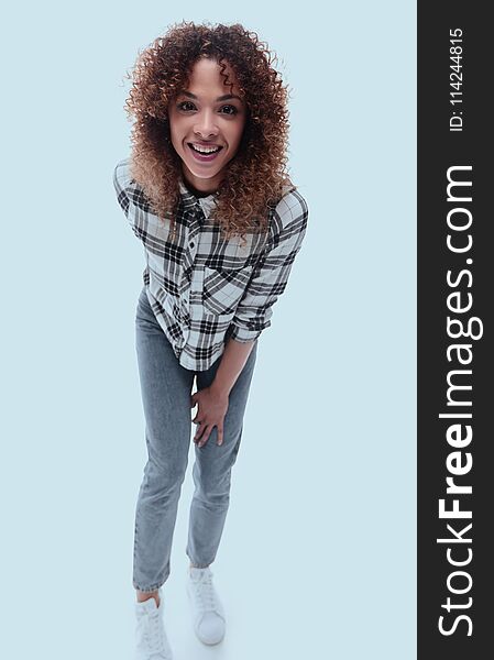 Top View Of Stylish Young Woman In Plaid Shirt