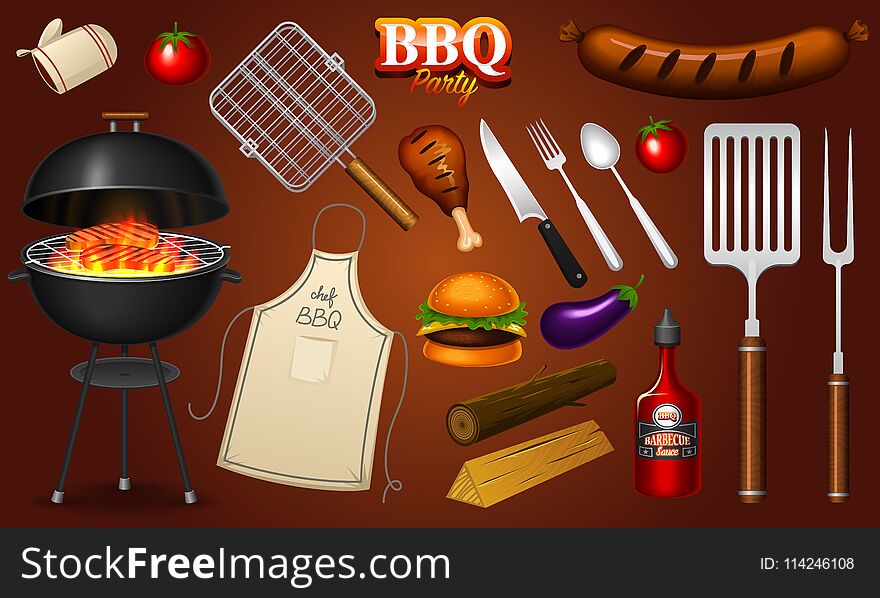 Barbecue grill elements set isolated on red background. BBQ party. Summer time. Meat restaurant at home. Charcoal kettle with tools, sauce and foods. Kitchen equipment for menu. Cooking outdoors