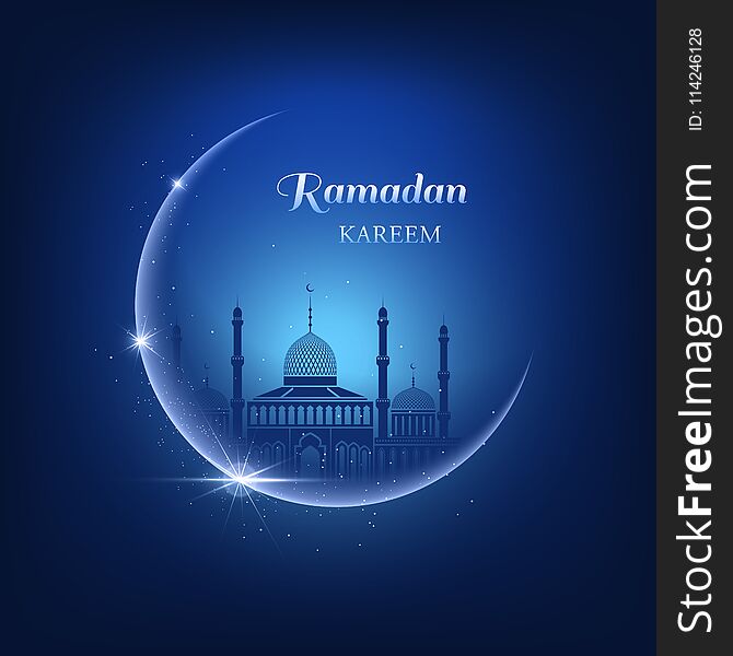 Vector illustration with moon, sparkles, glitters, blue mosque on a night blue sky background and Ramadan Kareem text. Beautiful greeting card for muslim community festival. Vector illustration with moon, sparkles, glitters, blue mosque on a night blue sky background and Ramadan Kareem text. Beautiful greeting card for muslim community festival.